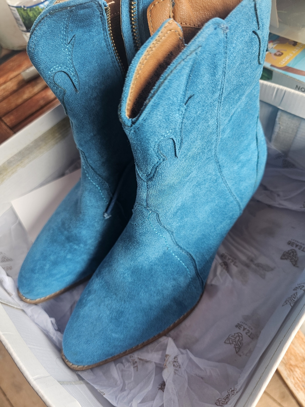 Turquoise Suede Western Ankle Boots - Women Sz 7.5